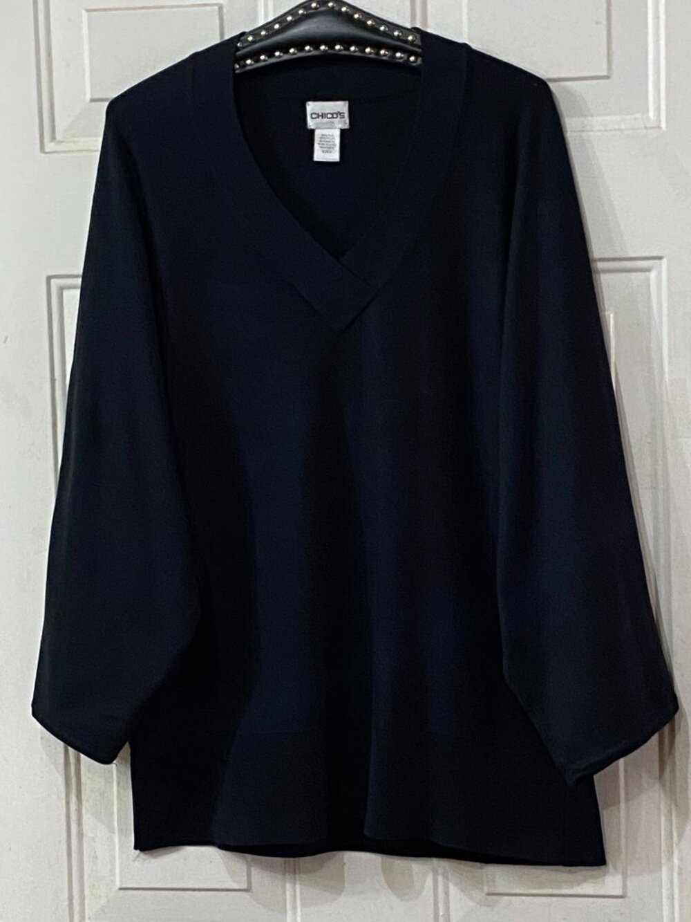 Chico's Silk Blend Sz 3 (XL) Knit Black Pullover V-Neck Dolman 3/4 Sleeve